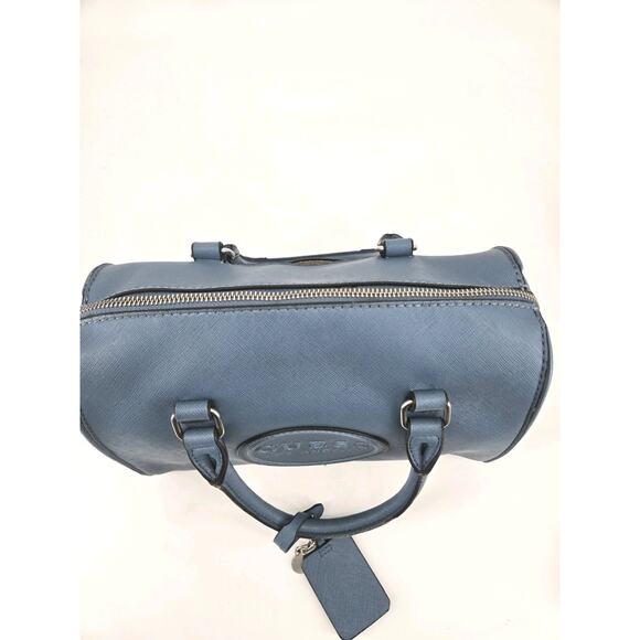 Guess Barrel Logo Patch Faux Leather Blue Denim Color Handbag - Picture 7 of 15